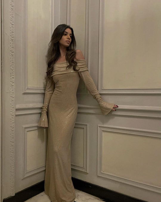 Luna - Lśniąca Sukienka Maxi Off-Shoulder