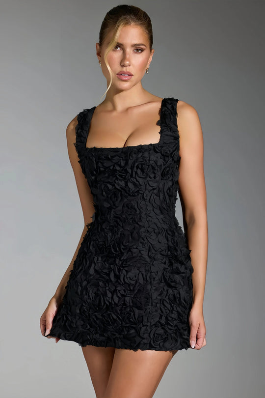 Jasmijn - Czarna Sukienka Mini z 3D Kwiatami na Halter
