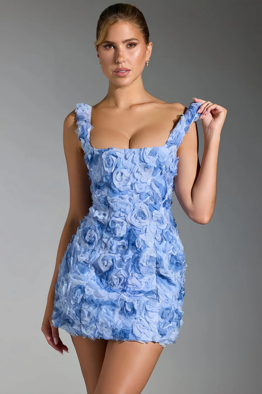 Jolijn - Czarna Mini Sukienka z Halterem i Kwiatami 3D