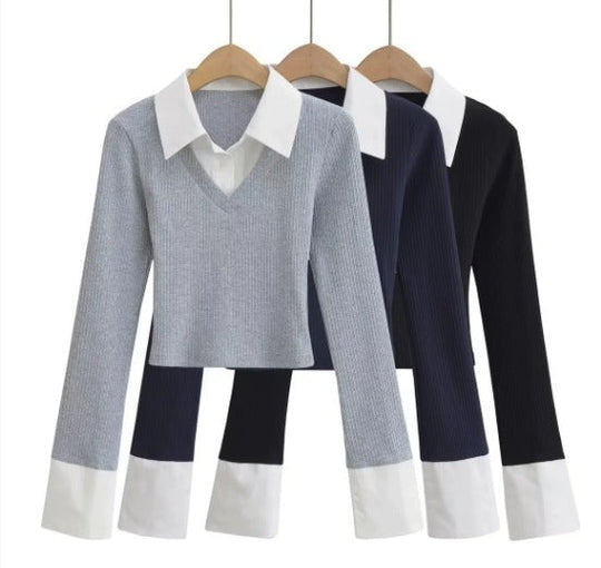 Rhea - Nowoczesna koszula z długim rękawem w stylu patchwork