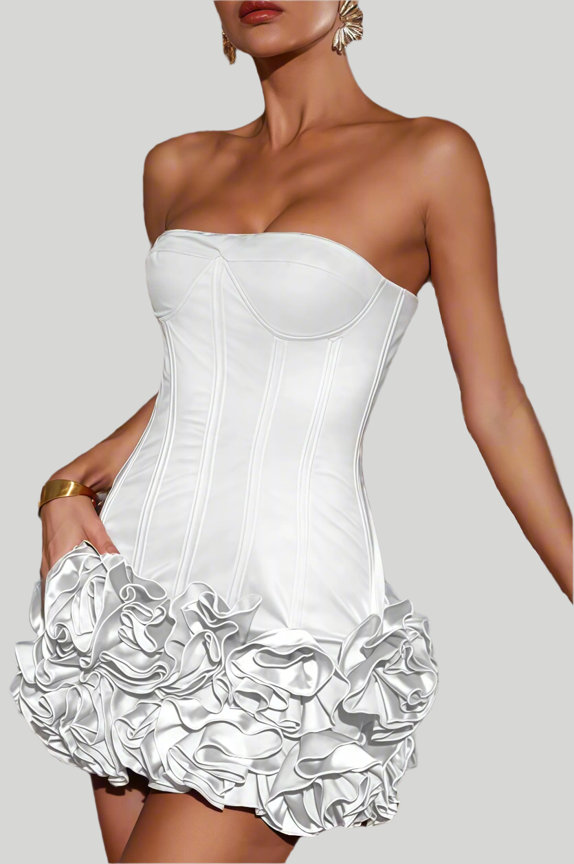 Isa - Sukienka Mini Bez Ramiączek z Kwiatowym Dołem