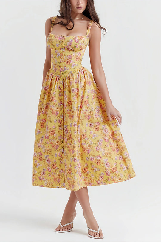 Fenna - Stylowa Żółta Sukienka Midi z Kwiatowym Wzorem