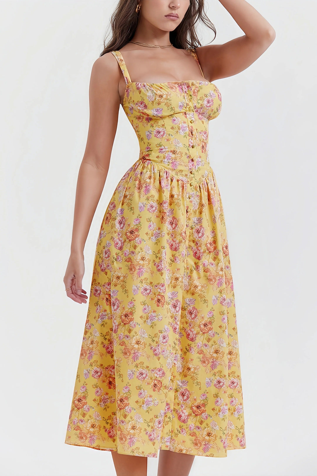 Fenna - Stylowa Żółta Sukienka Midi z Kwiatowym Wzorem