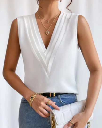 Luna | Stylowa Biała Top bez Rękawów z Dekoltem w Kształcie V