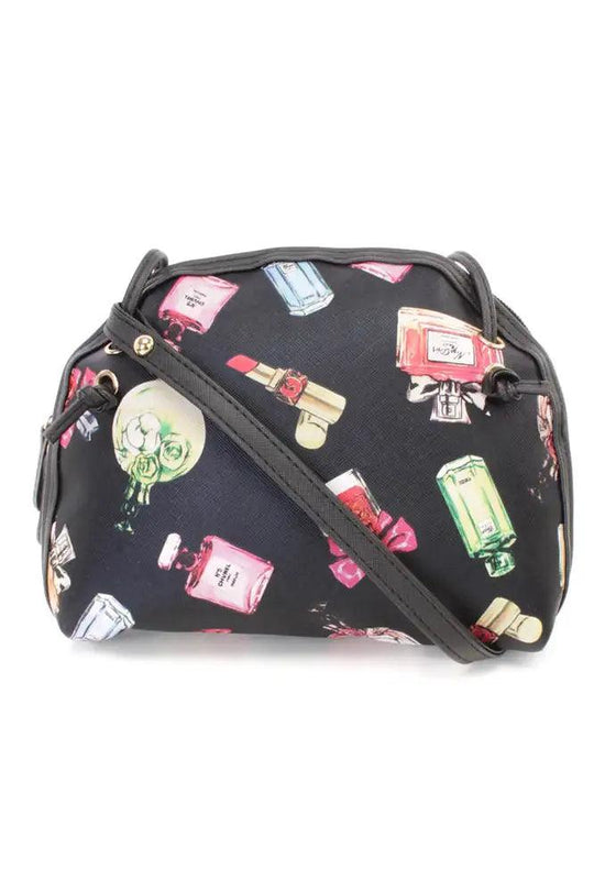 Czarna torebka mini z nadrukiem perfum z sztucznej skóry