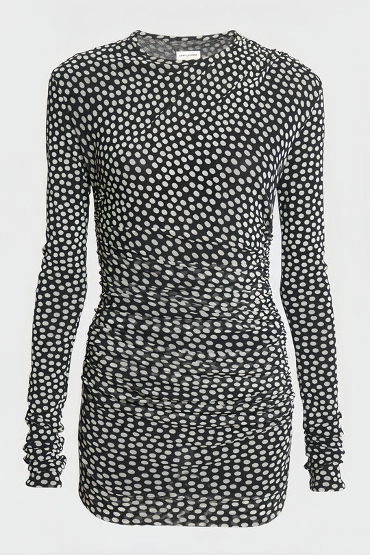 Lena - Czarna Mini Sukienka w Białe Kropki