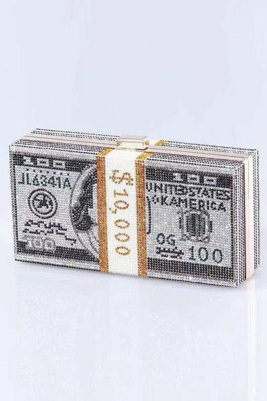 Torebka na ramię z łańcuchem o wysokim połysku z nadrukiem dolara amerykańskiego i kryształkami